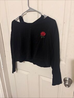 Black Women's Long Sleeve Top with Red Rose Embroidery